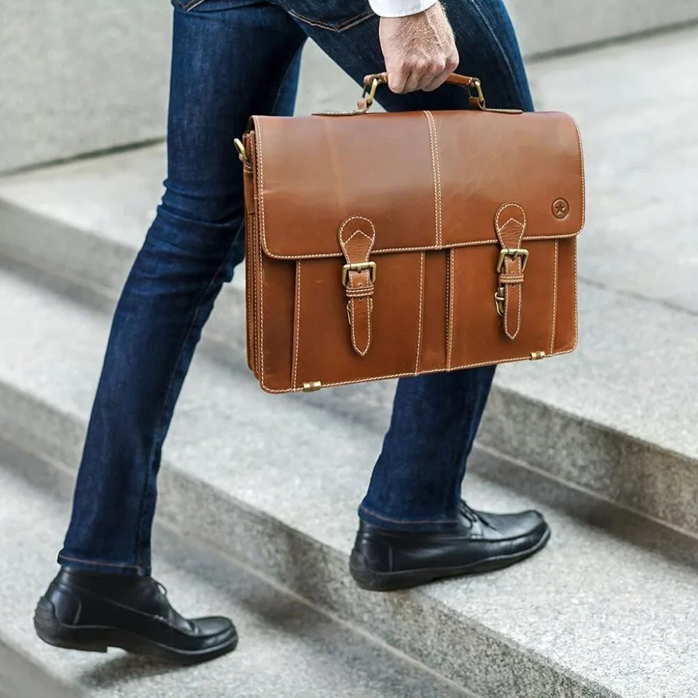Leather Briefcase Office Bag for Men Padded Laptop Sleeve by 16Inch